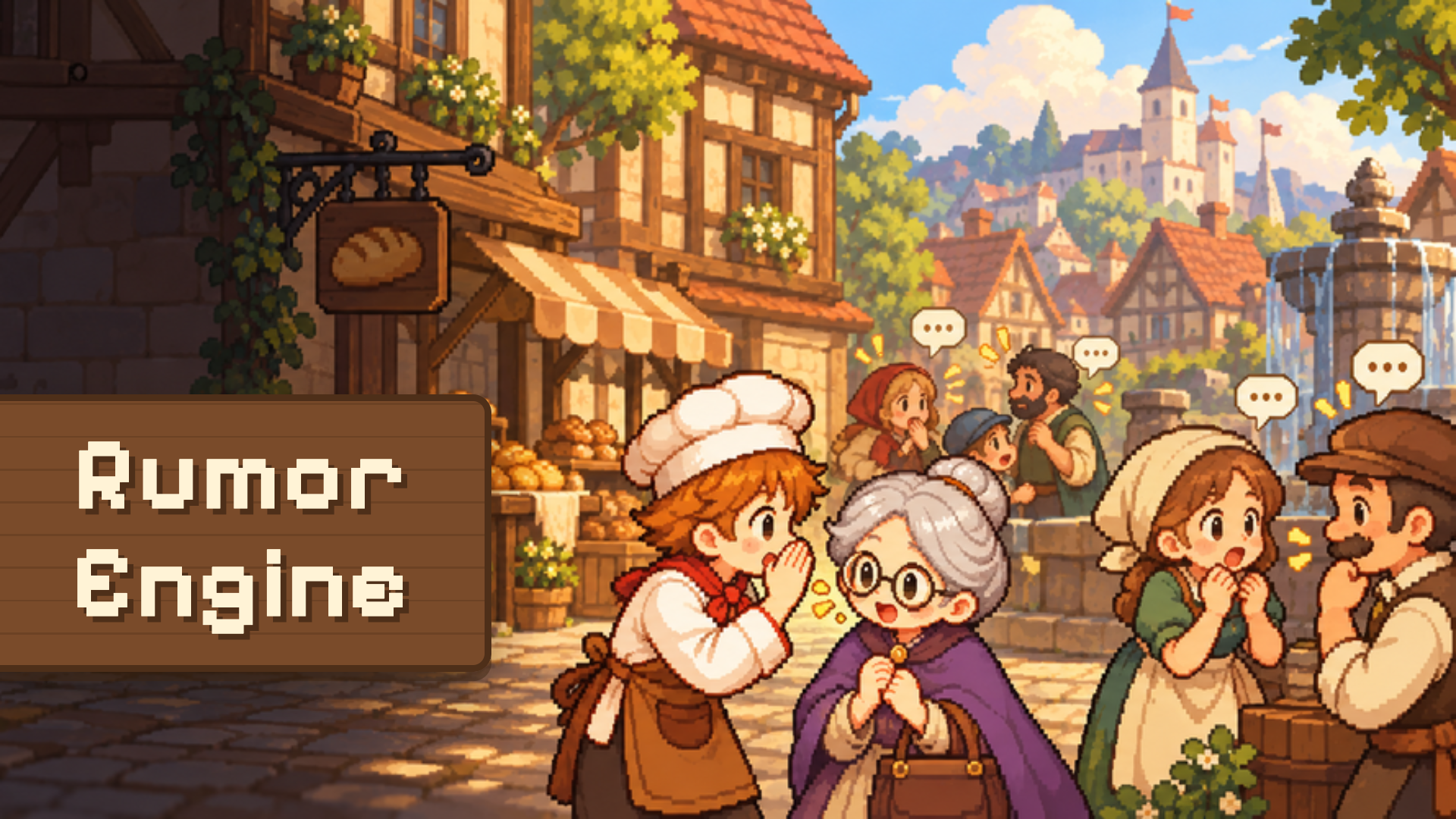 Rumor Engine cover art showing townspeople sharing stories in a pixel-art town